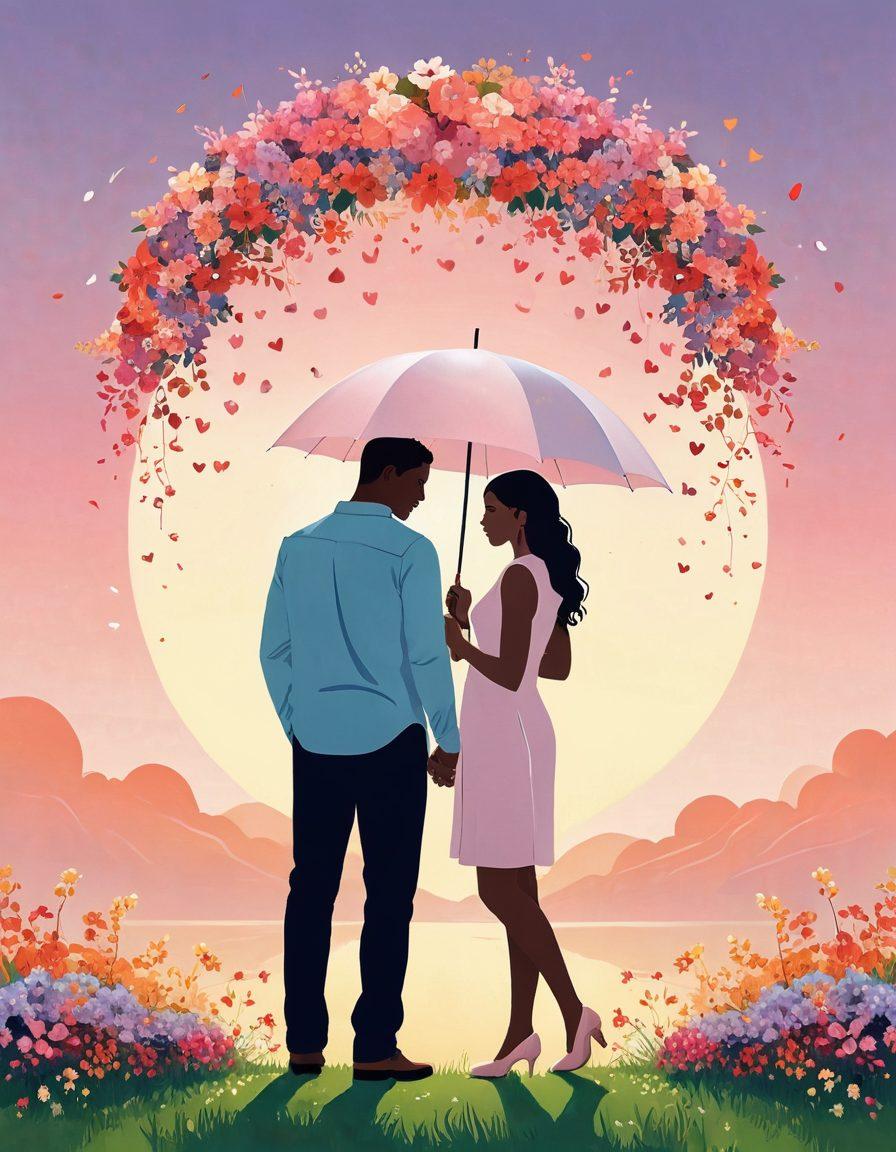 A warm and inviting scene depicting a loving couple surrounded by hearts, holding an insurance policy with a protective umbrella above them. Include elements representing love like flowers, rings, and family silhouettes, with soft, pastel colors to evoke warmth and security. The background should be a serene landscape symbolizing stability and growth. digital art. vibrant colors. soft focus.