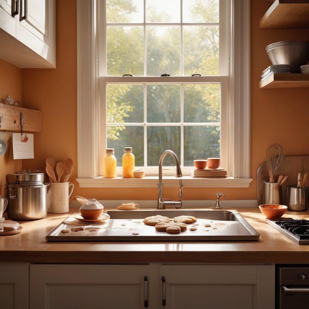A cozy kitchen scene with a warm ambiance, showcasing a couple happily baking together, surrounded by flour, mixing bowls, and heart-shaped cookie cutters. On the counter, a glowing laptop displays insurance policy documents with love-themed graphics, symbolizing security in relationships. The couple shares a smile, embodying love and partnership, while a soft light filters through a window. The overall atmosphere is inviting and reassuring. super-realistic. warm colors. soft-focus.