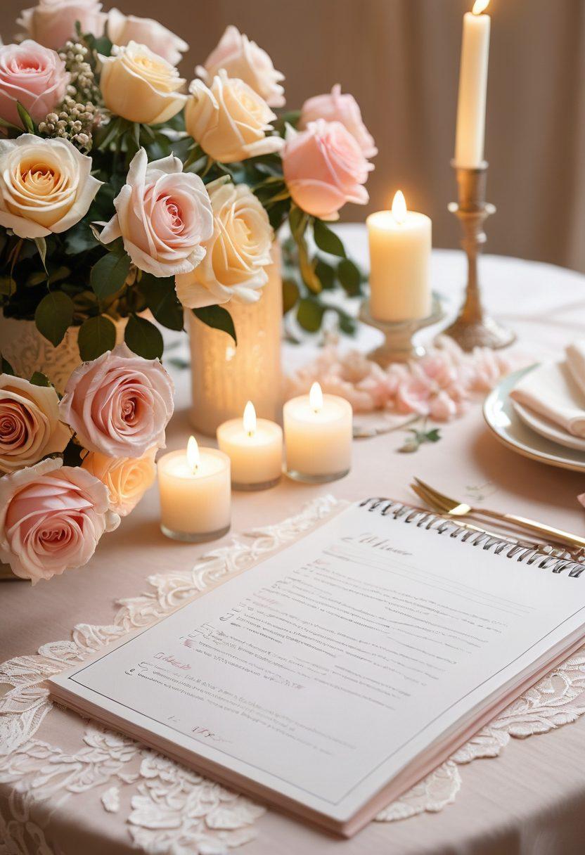 A beautifully arranged scene showcasing a romantic gift, like a delicate bouquet of roses, alongside a wedding planning checklist, featuring elegant decorations and soft candlelight. The backdrop should be a cozy, intimate setting, infused with warmth and joy, portraying love in all its forms. Emphasize soft pastel colors and intricate details to evoke affection and care. super-realistic. vibrant colors. elegant ambiance.